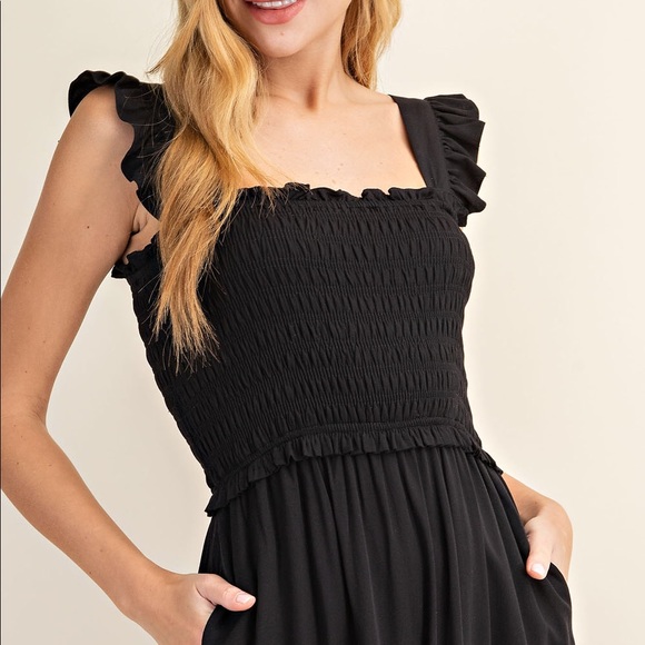 Black Sleeveless Smocked Ruffle Jumpsuit - Picture 4 of 4